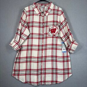 Wisconsin Badgers Women's Plaid Nightshirt Red White Embroidered Large NEW